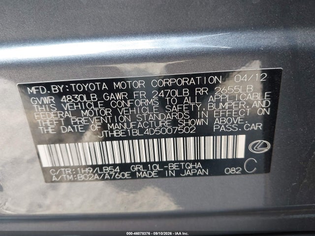 Aukcja sprzedaży 2013 Lexus Gs 350, vin: JTHBE1BL4D5007502, numer aukcji: 46078376