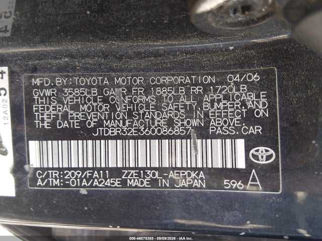 2006 Toyota Corolla Ce მანქანა იყიდება აუქციონზე, vin: JTDBR32E360086857, აუქციონის ნომერი: 46078385
