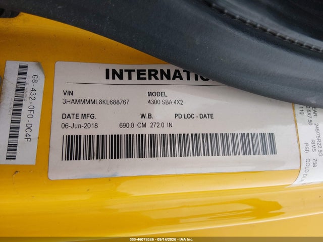 46078386 :رقم المزاد ، 3HAMMMML8KL688767 vin ، 2019 International Durastar 4300 مزاد بيع