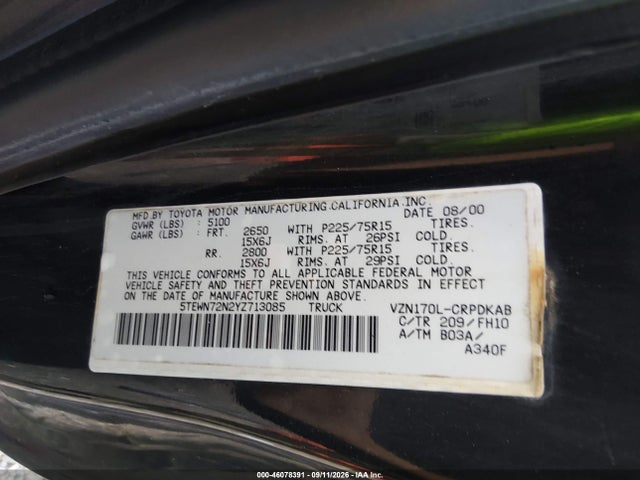 Продаж на аукціоні авто 2000 Toyota Tacoma Base V6, vin: 5TEWN72N2YZ713085, номер лоту: 46078391