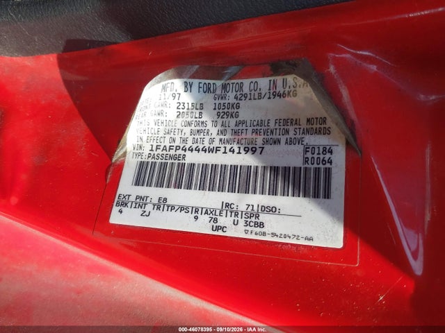 46078395 :رقم المزاد ، 1FAFP4444WF141997 vin ، 1998 Ford Mustang مزاد بيع