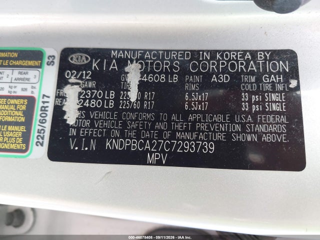 Aukcja sprzedaży 2012 Kia Sportage Lx, vin: KNDPBCA27C7293739, numer aukcji: 46078408