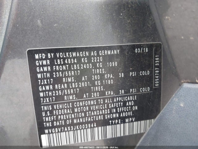 Продаж на аукціоні авто 2018 Volkswagen Tiguan Limited 2.0t, vin: WVGBV7AX3JK003944, номер лоту: 46078423