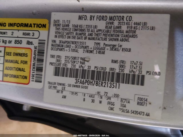 Продажа на аукционе авто 2014 Ford Fusion Se, vin: 3FA6P0H78ER213511, номер лота: 46078435