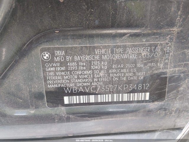 46078440 :رقم المزاد ، WBAVC73527KP34812 vin ، 2007 Bmw 328xi مزاد بيع