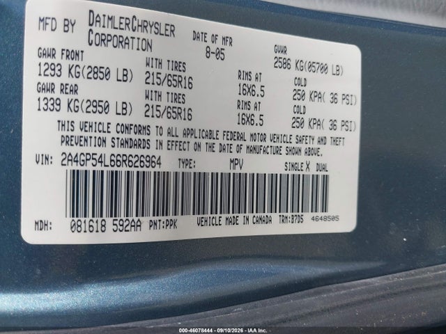 Aukcja sprzedaży 2006 Chrysler Town & Country Touring, vin: 2A4GP54L66R626964, numer aukcji: 46078444