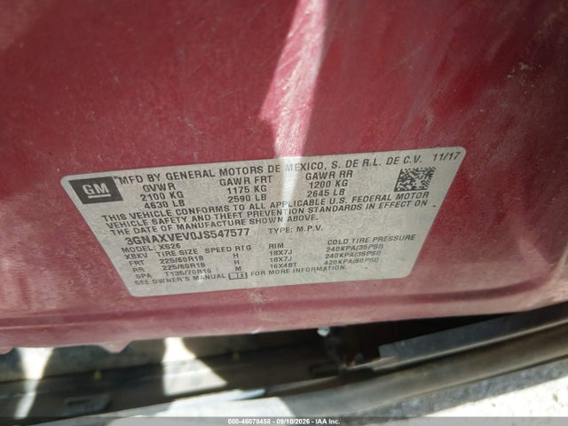 46078458 :رقم المزاد ، 3GNAXVEV0JS547577 vin ، 2018 Chevrolet Equinox Premier مزاد بيع