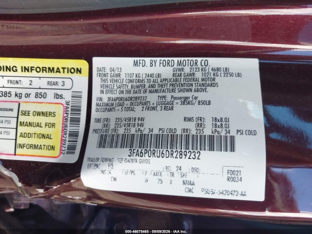 Продаж на аукціоні авто 2013 Ford Fusion Hybrid Titanium, vin: 3FA6P0RU6DR289232, номер лоту: 46078465