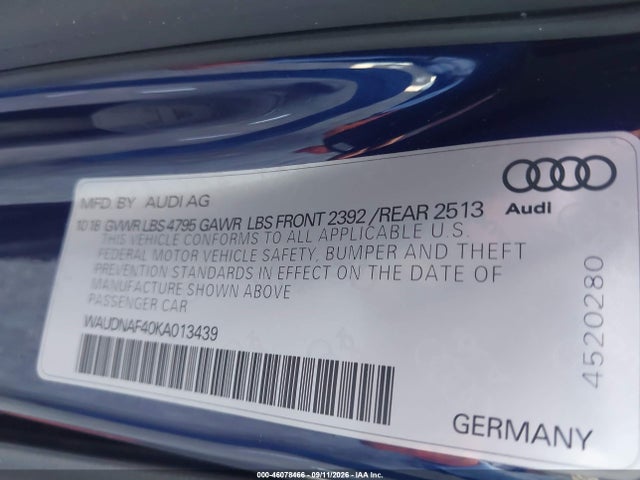 Продаж на аукціоні авто 2019 Audi A4 45 Premium, vin: WAUDNAF40KA013439, номер лоту: 46078466