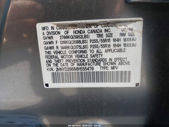 46078475 :رقم المزاد ، 2HNYD28688H555470 vin ، 2008 Acura Mdx Technology Package مزاد بيع