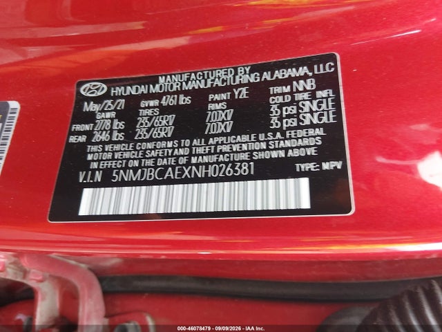 2022 Hyundai Tucson Sel მანქანა იყიდება აუქციონზე, vin: 5NMJBCAEXNH026381, აუქციონის ნომერი: 46078479