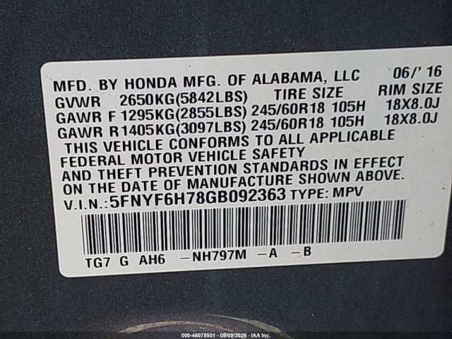 2016 Honda Pilot Ex-l მანქანა იყიდება აუქციონზე, vin: 5FNYF6H78GB092363, აუქციონის ნომერი: 46078501