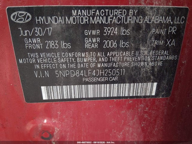 2018 Hyundai Elantra Sel მანქანა იყიდება აუქციონზე, vin: 5NPD84LF4JH250511, აუქციონის ნომერი: 46078502