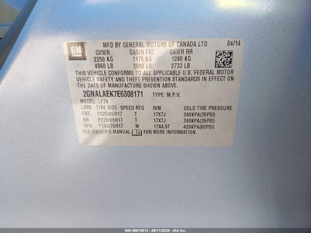 Aukcja sprzedaży 2014 Chevrolet Equinox Ls, vin: 2GNALAEK7E6308171, numer aukcji: 46078512