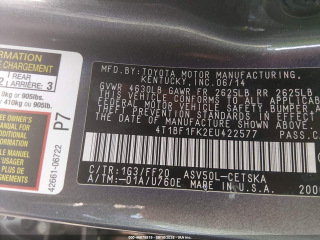 46078515 :رقم المزاد ، 4T1BF1FK2EU422577 vin ، 2014 Toyota Camry Se مزاد بيع