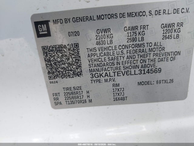 46078516 :رقم المزاد ، 3GKALTEV6LL314569 vin ، 2020 Gmc Terrain Awd Sle مزاد بيع