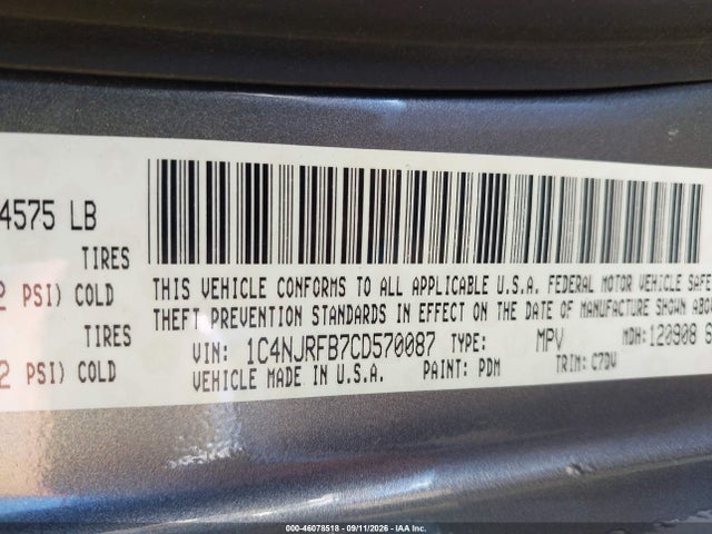 Продажа на аукционе авто 2012 Jeep Patriot Latitude, vin: 1C4NJRFB7CD570087, номер лота: 46078518
