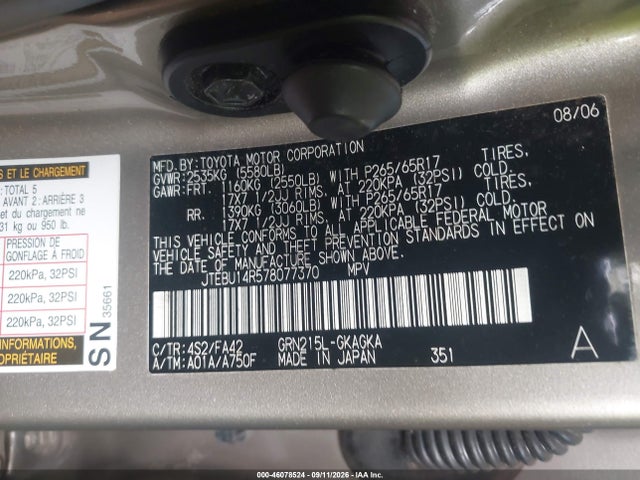 Aukcja sprzedaży 2007 Toyota 4runner Sr5 V6, vin: JTEBU14R578077370, numer aukcji: 46078524