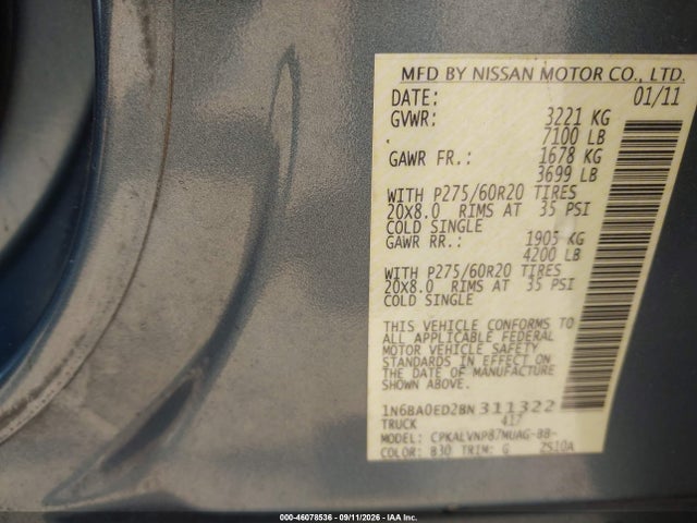 2011 Nissan Titan Sl მანქანა იყიდება აუქციონზე, vin: 1N6BA0ED2BN311322, აუქციონის ნომერი: 46078536