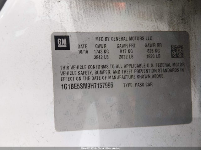 Продажа на аукционе авто 2017 Chevrolet Cruze Lt Auto, vin: 1G1BE5SM9H7157996, номер лота: 46078535