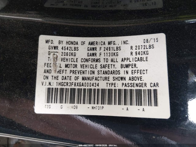 Продажа на аукционе авто 2016 Honda Accord Ex-l V-6, vin: 1HGCR3F8XGA000434, номер лота: 46078552