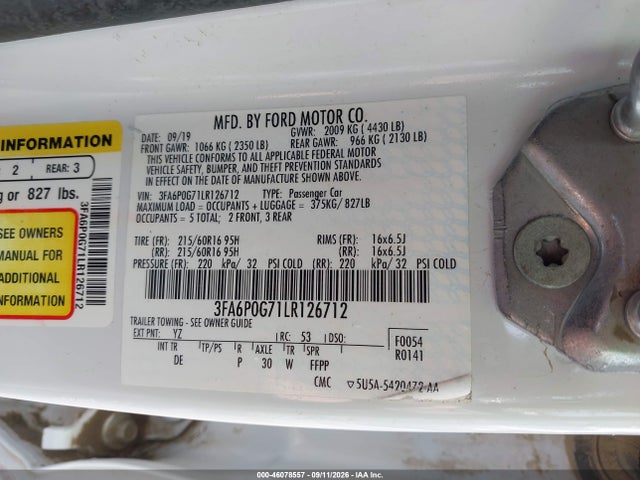 46078557 :رقم المزاد ، 3FA6P0G71LR126712 vin ، 2020 Ford Fusion S مزاد بيع