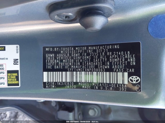 Auction sale of the 2022 Toyota Corolla Xse, vin: 5YFT4MCEXNP098063, lot number: 46078564
