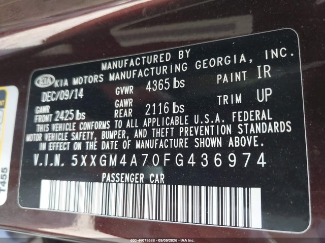Продажа на аукционе авто 2015 Kia Optima Lx, vin: 5XXGM4A70FG436974, номер лота: 46078588