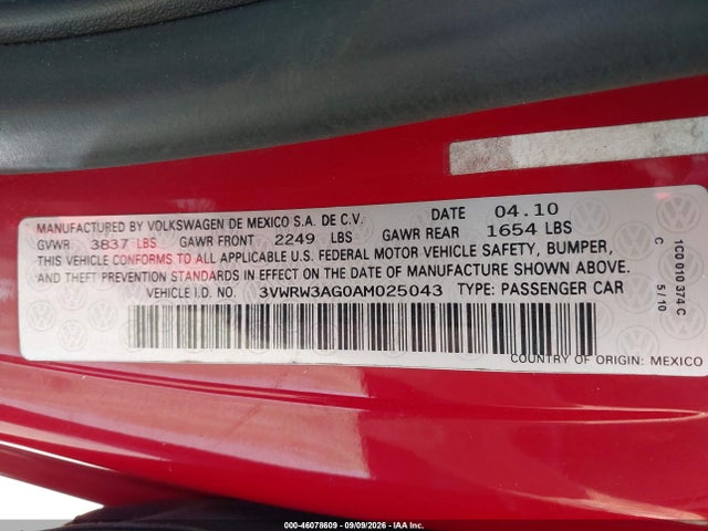 Aukcja sprzedaży 2010 Volkswagen New Beetle 2.5l, vin: 3VWRW3AG0AM025043, numer aukcji: 46078609