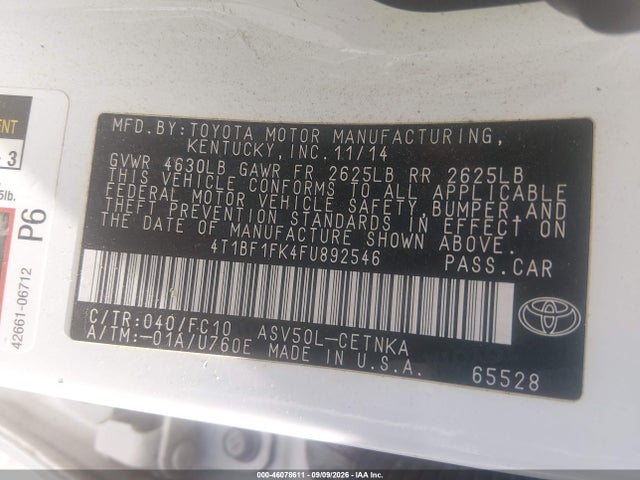 46078611 :رقم المزاد ، 4T1BF1FK4FU892546 vin ، 2015 Toyota Camry Le مزاد بيع