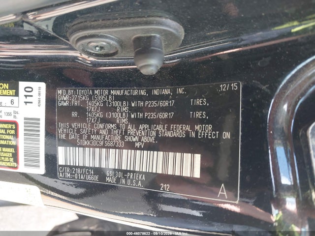 46078622 :رقم المزاد ، 5TDKK3DC9FS687333 vin ، 2015 Toyota Sienna Le 8 Passenger مزاد بيع
