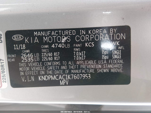 Aukcja sprzedaży 2019 Kia Sportage Lx, vin: KNDPMCAC1K7607953, numer aukcji: 46078624