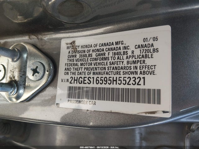 Aukcja sprzedaży 2005 Honda Civic Lx, vin: 2HGES16595H552321, numer aukcji: 46078641