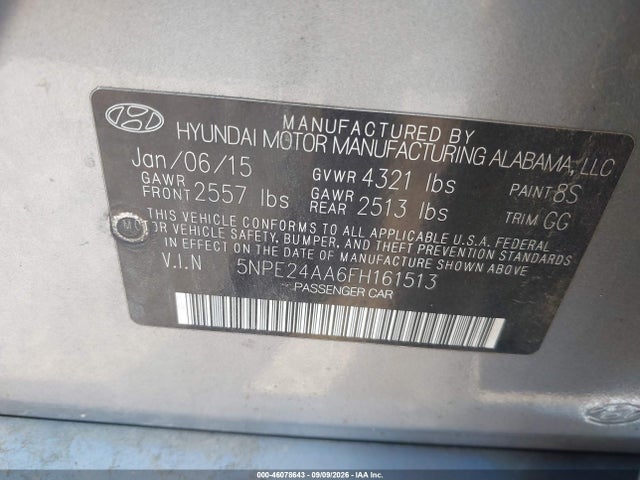 46078643 :رقم المزاد ، 5NPE24AA6FH161513 vin ، 2015 Hyundai Sonata Eco مزاد بيع