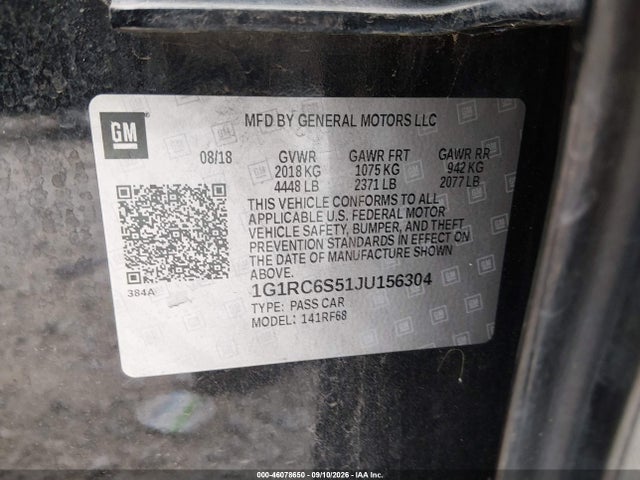 Aukcja sprzedaży 2018 Chevrolet Volt Lt, vin: 1G1RC6S51JU156304, numer aukcji: 46078650