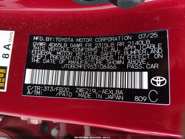 Aukcja sprzedaży 2025 Toyota Corolla Hybrid Le, vin: JTDBCMFE9S3108466, numer aukcji: 46078654