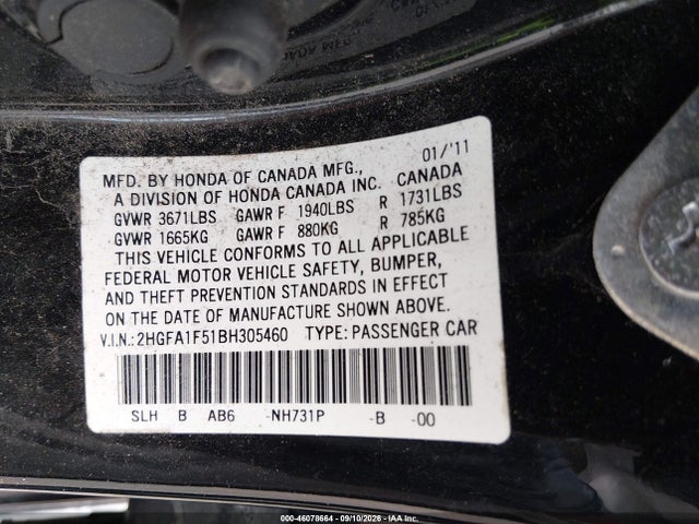 Aukcja sprzedaży 2011 Honda Civic Lx, vin: 2HGFA1F51BH305460, numer aukcji: 46078664