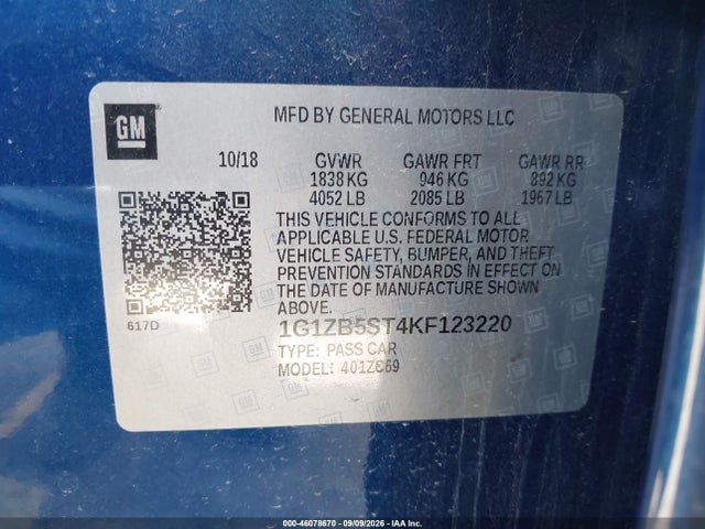 Aukcja sprzedaży 2019 Chevrolet Malibu 1ls, vin: 1G1ZB5ST4KF123220, numer aukcji: 46078670