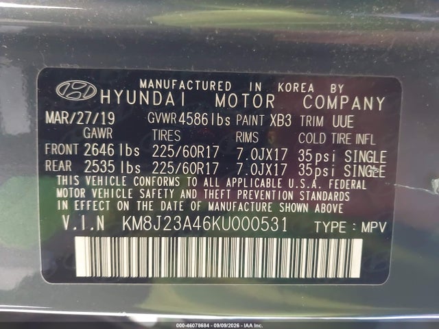 46078684 :رقم المزاد ، KM8J23A46KU000531 vin ، 2019 Hyundai Tucson Se مزاد بيع