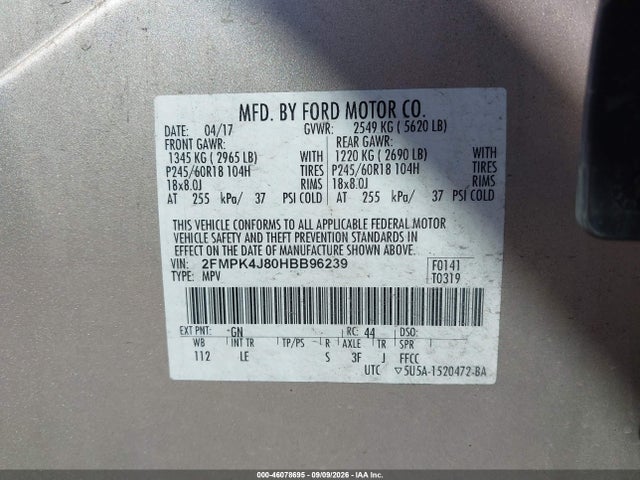46078695 :رقم المزاد ، 2FMPK4J80HBB96239 vin ، 2017 Ford Edge Sel مزاد بيع