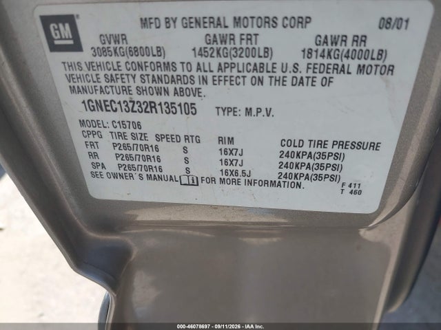 46078697 :رقم المزاد ، 1GNEC13Z32R135105 vin ، 2002 Chevrolet Tahoe Ls مزاد بيع