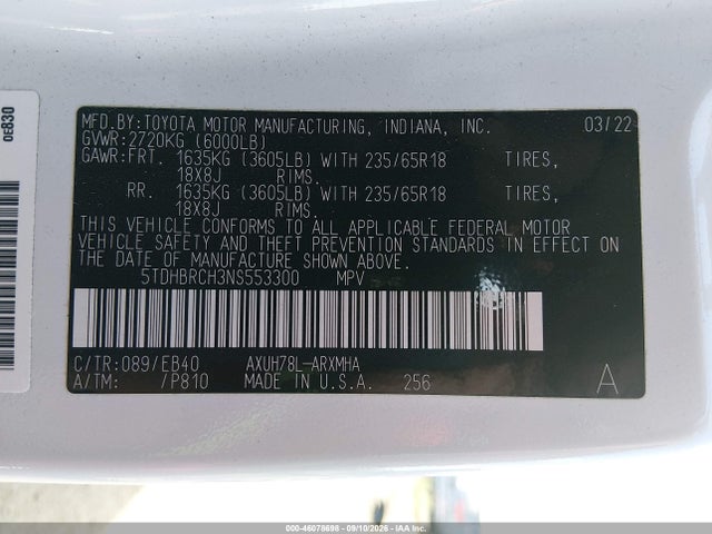 2022 Toyota Highlander Hybrid Xle მანქანა იყიდება აუქციონზე, vin: 5TDHBRCH3NS553300, აუქციონის ნომერი: 46078698