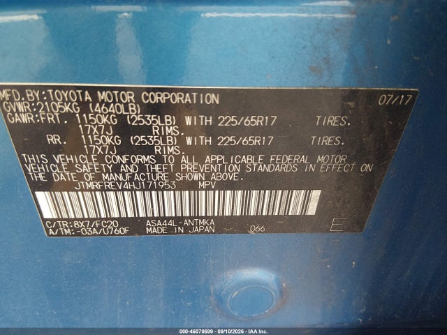 Aukcja sprzedaży 2017 Toyota Rav4 Xle, vin: JTMRFREV4HJ171953, numer aukcji: 46078699