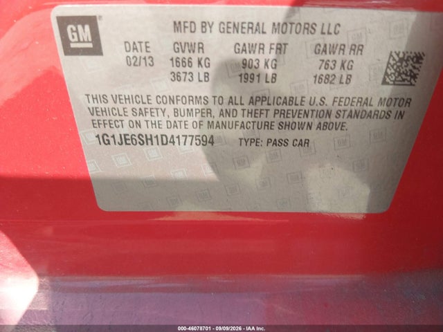 Продаж на аукціоні авто 2013 Chevrolet Sonic Ltz Auto, vin: 1G1JE6SH1D4177594, номер лоту: 46078701