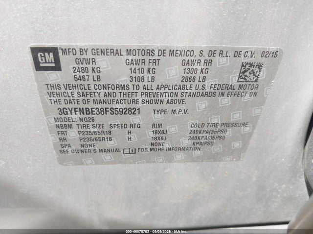 Aukcja sprzedaży 2015 Cadillac Srx Luxury Collection, vin: 3GYFNBE38FS592821, numer aukcji: 46078702