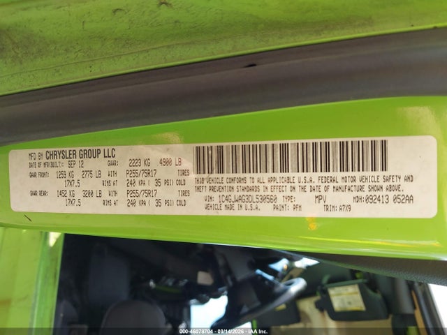 2013 Jeep Wrangler Sport მანქანა იყიდება აუქციონზე, vin: 1C4GJWAG3DL530560, აუქციონის ნომერი: 46078704