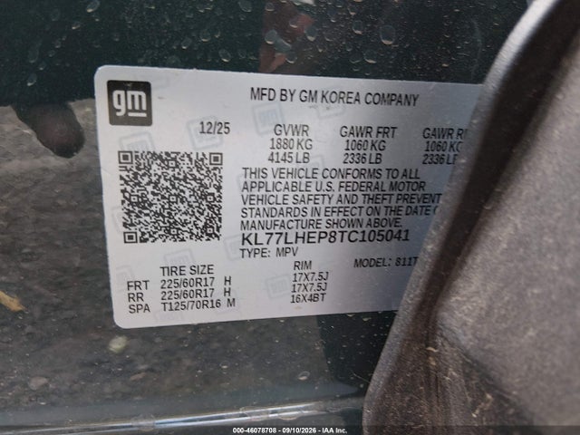 Продажа на аукционе авто 2026 Chevrolet Trax Fwd Lt, vin: KL77LHEP8TC105041, номер лота: 46078708