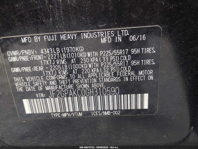 46078724 :رقم المزاد ، JF2GPAKC0GH310590 vin ، 2016 Subaru Crosstrek 2.0i Limited مزاد بيع