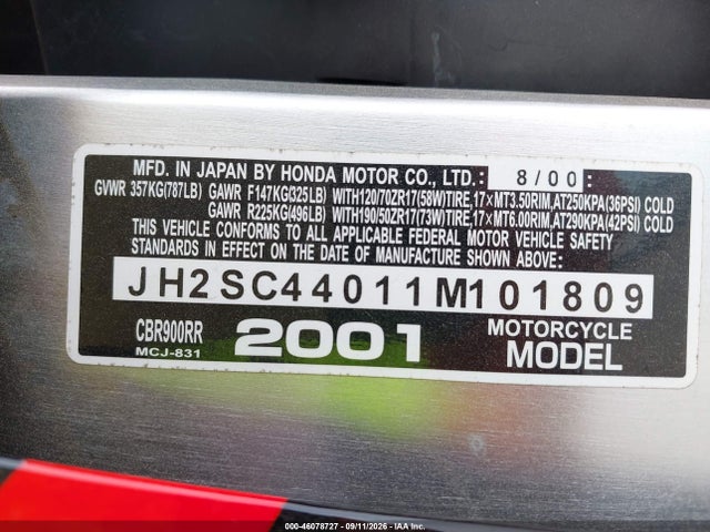 Продаж на аукціоні авто 2001 Honda Cbr900 Rr, vin: JH2SC44011M101809, номер лоту: 46078727