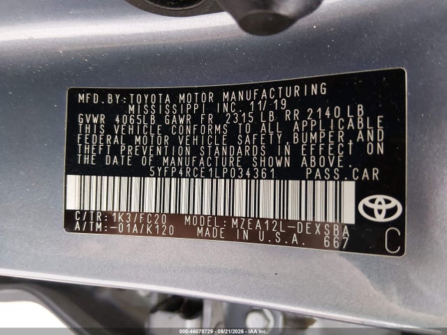 46078729 :رقم المزاد ، 5YFP4RCE1LP034361 vin ، 2020 Toyota Corolla Se مزاد بيع